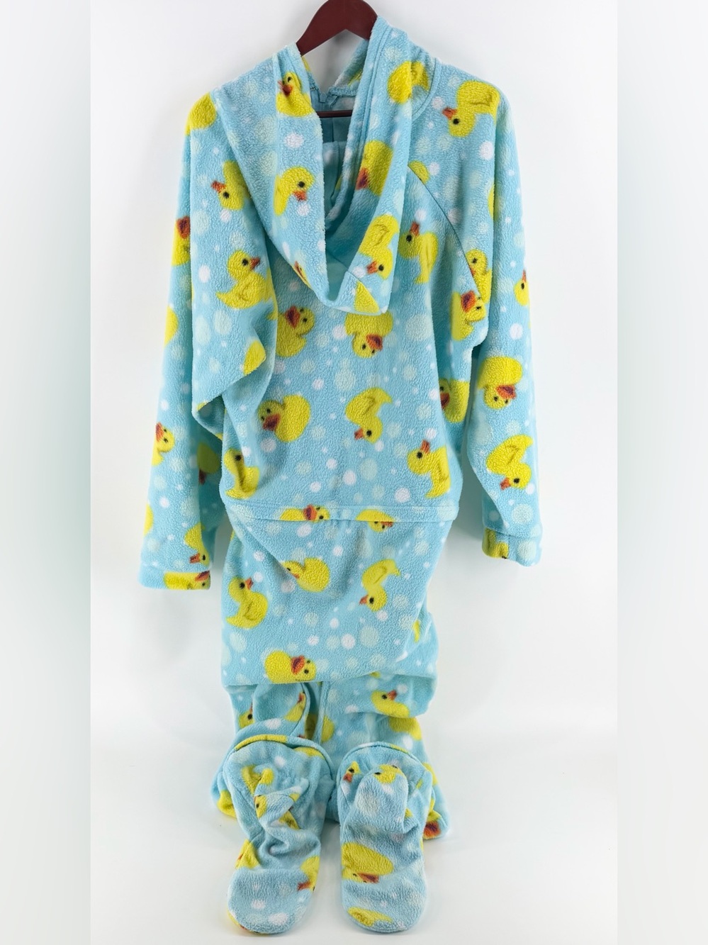 Forever Lazy Adult Footed Jumpsuit Pajamas Rubber Duck Fleece Blue Drop Seat (M)